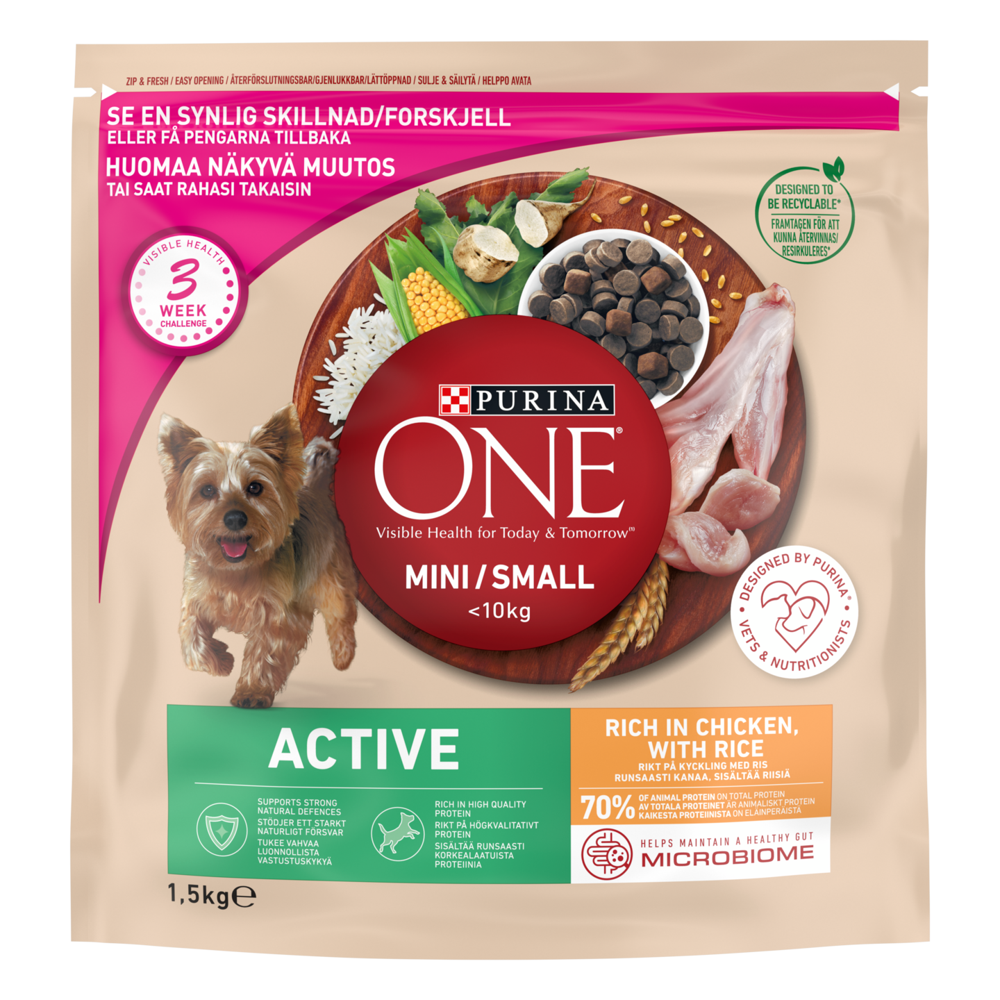 Purina ONE 1,5kg Small Dog Active Runsaasti Kanaa sisältää Riisiä