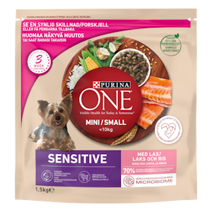 Purina ONE 1,5kg Small Dog Delicate sisältää Lohta ja Riisiä