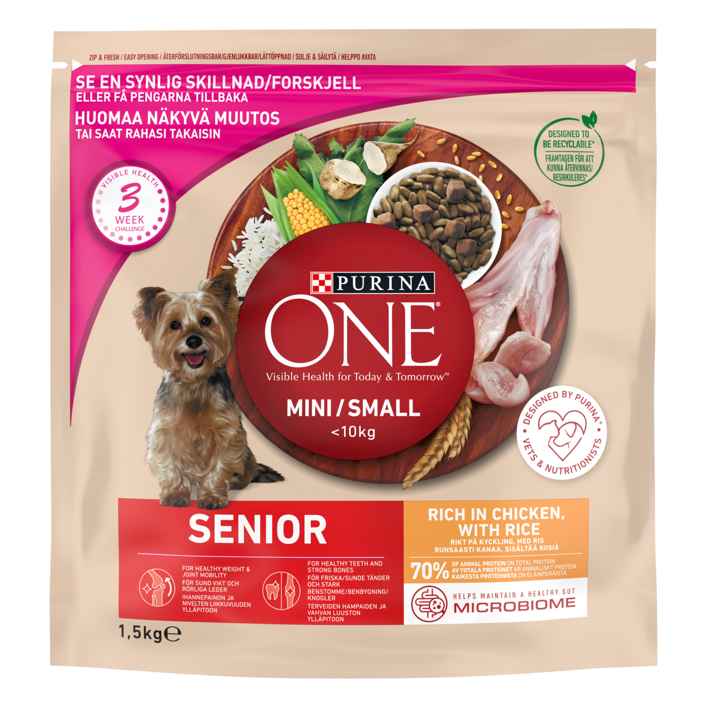 Purina ONE 1,5kg Small Dog < 10 kg Senior 8+, Runsaasti kanaa, Sisältää Riisiä