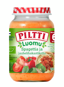 Piltti Luomu Spagettia ja jauhelihakastiketta 190g alkaen 6kk