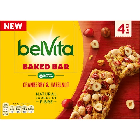 Belvita Baked Bar Cranberry Hazelnut välipalakeksi 160 g