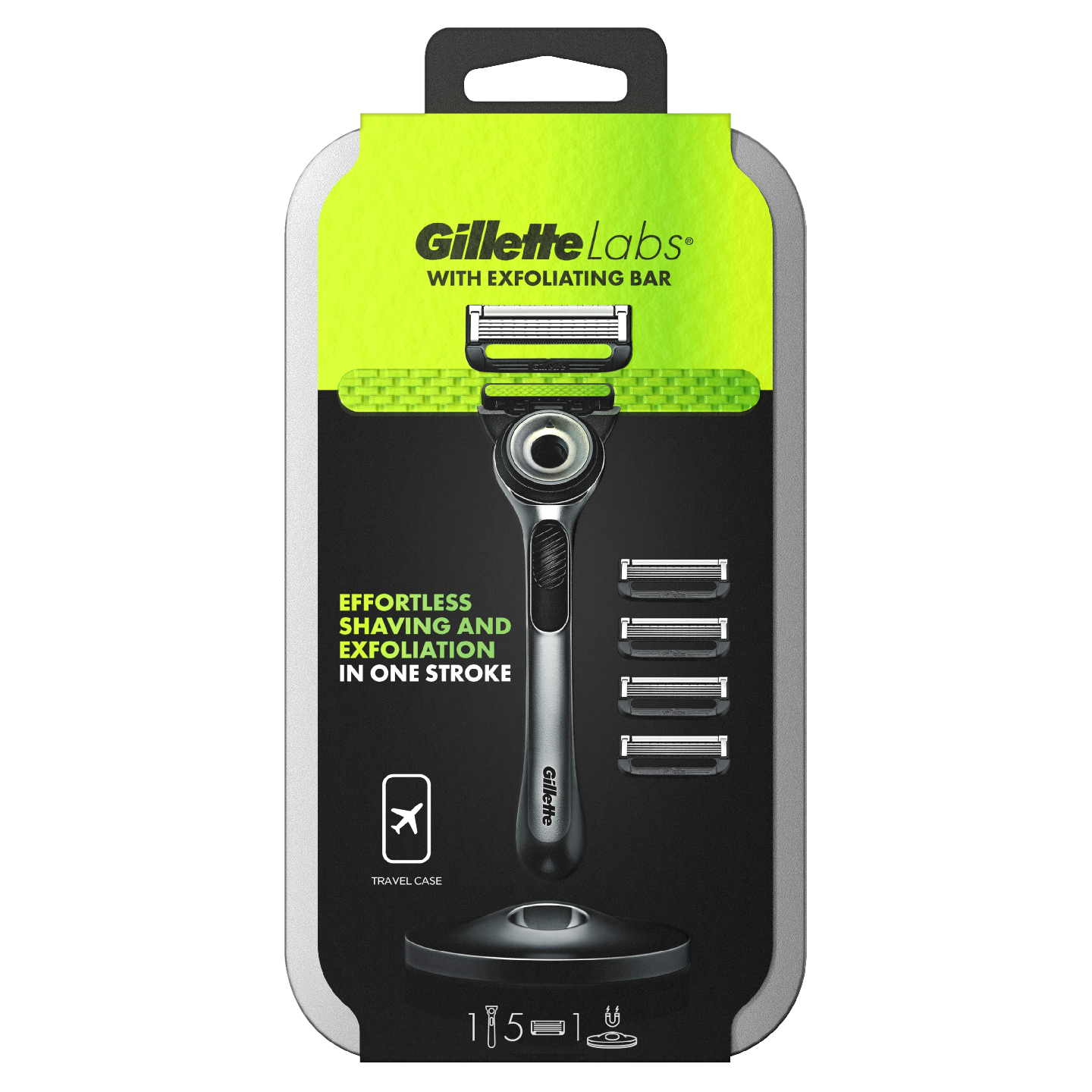 Gillette Labs with Exfoliating Bar Silver partahöylä ja 4 vaihtoterää matkakotelolla