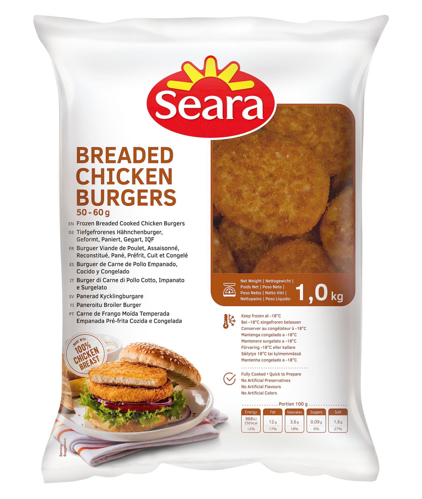 Seara Broileriburgeri 50-60g paneroitu kypsä 1kg IQF BR