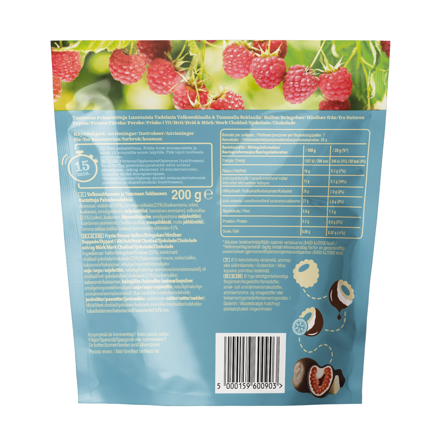 Trü Frü vadelmat valko- & tummasuklaassa 200g pakaste