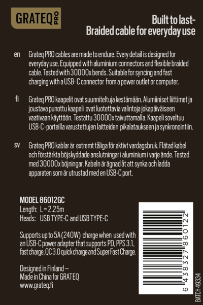 Grateq Pro 240 W USB-C – USB-C -kaapeli, 2,25 m