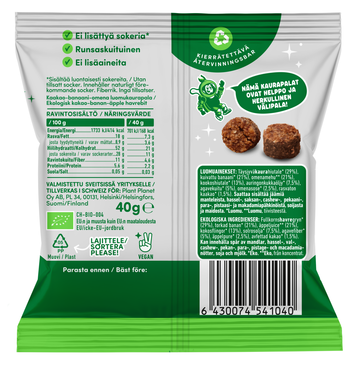 Green Planet Astronauts Luomu Space Bites kaurapalat 40g kaakao-banaani