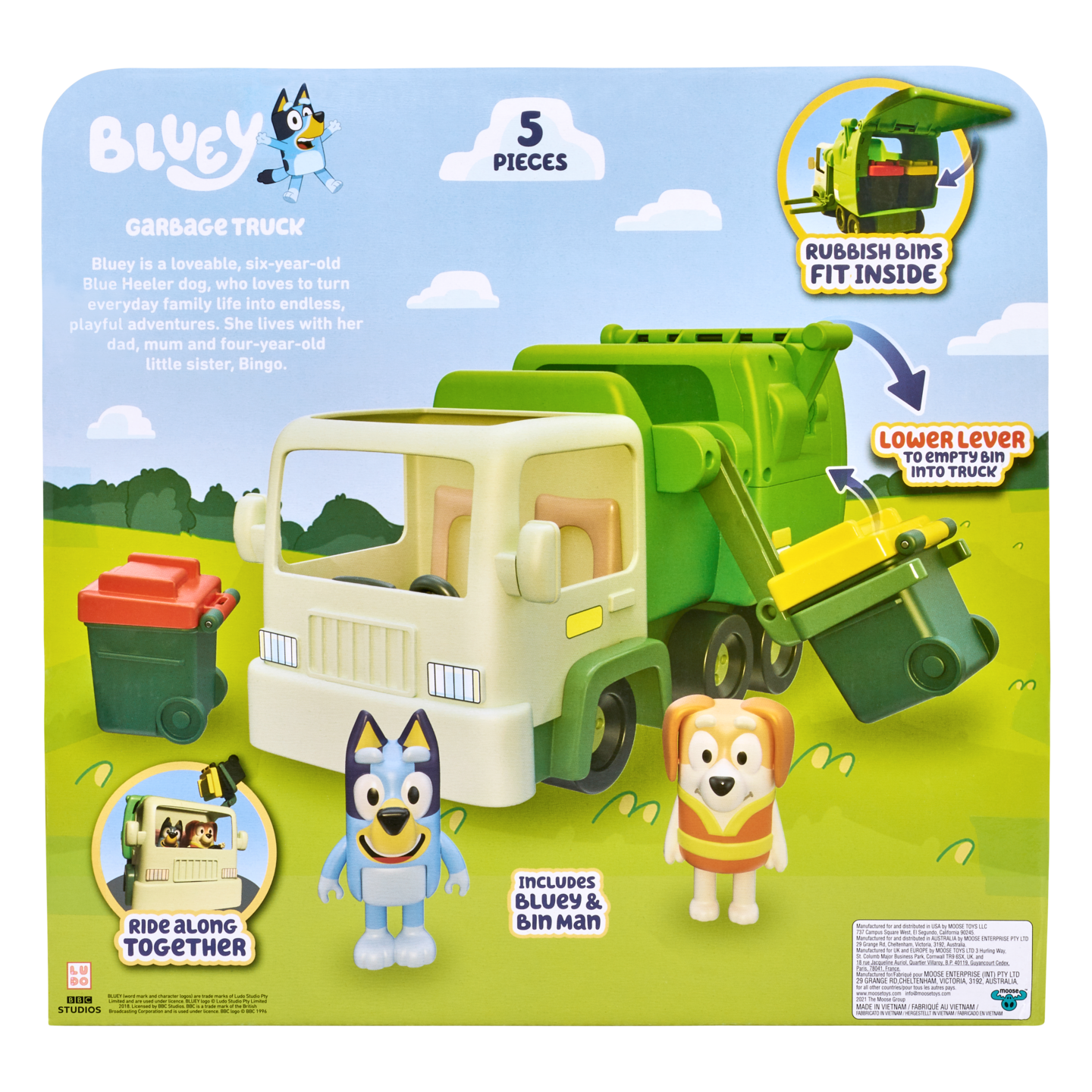 BLUEY roska-auto 22 cm, 2 hahmoa & tarv.