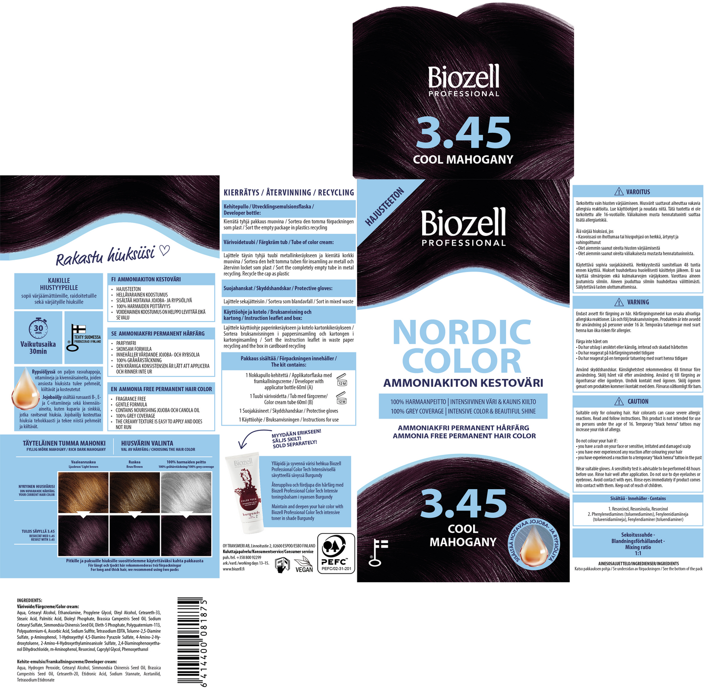 Biozell Professional Nordic Color kestoväri 3.45 2x60ml Cool Mahogany ammoniakiton
