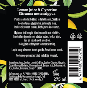 Lemon Juice & Glycerine nestesaippua 275ml Sitruuna