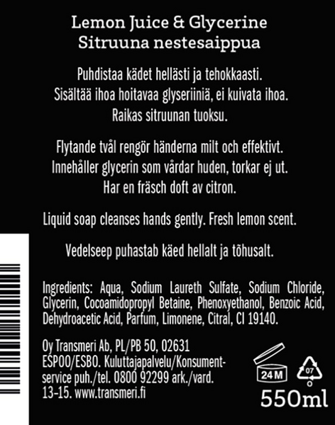 Lemon Juice & Glycerine nestesaippua 550ml täyttöpussi