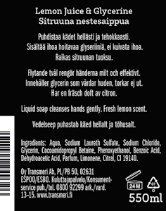 Lemon Juice & Glycerine nestesaippua 550ml täyttöpussi