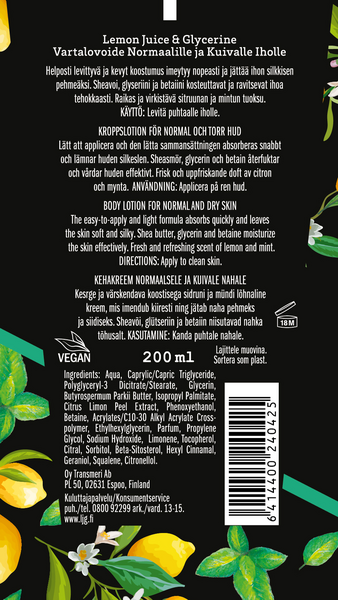 Lemon Juice & Glycerine vartalovoide 200ml  Sitruuna-Minttu