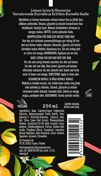 Lemon Juice & Glycerine vartalovoide 200ml Sitruuna-Mango