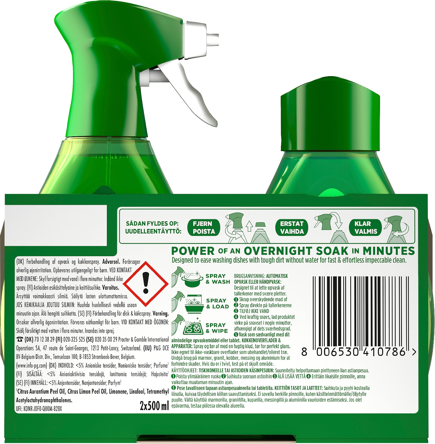 Fairy käsitiskiaine 500ml + täyttö 500ml 3in1 power spray lemon