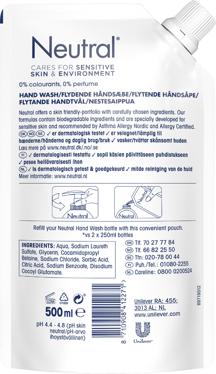 Neutral nestesaippuatäyttöpussi 500ml 0%
