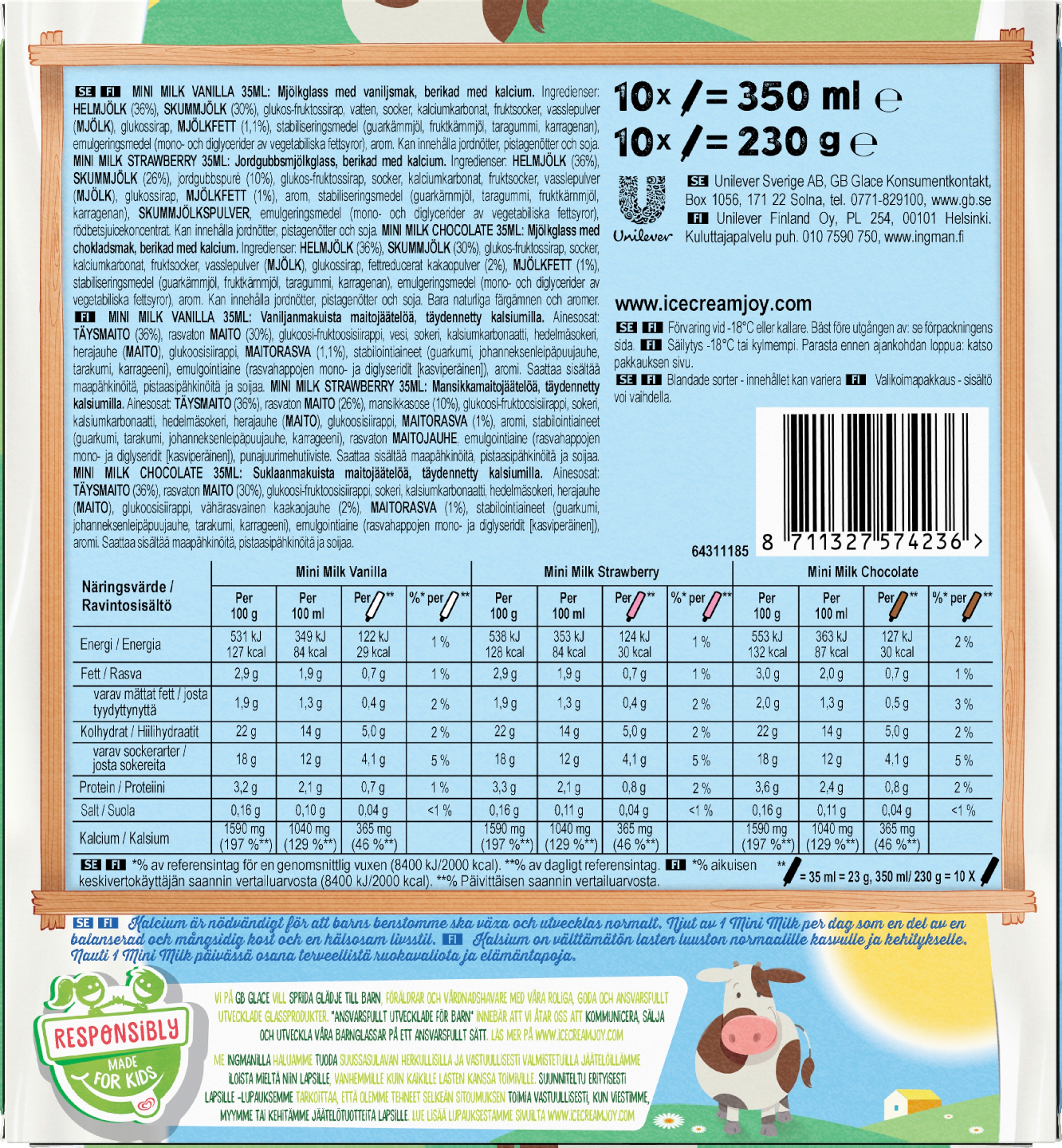 Mini Milk Jäätelö Monipakkaus 10kp 230ml suklaa,vanilja, mansikka puikkol