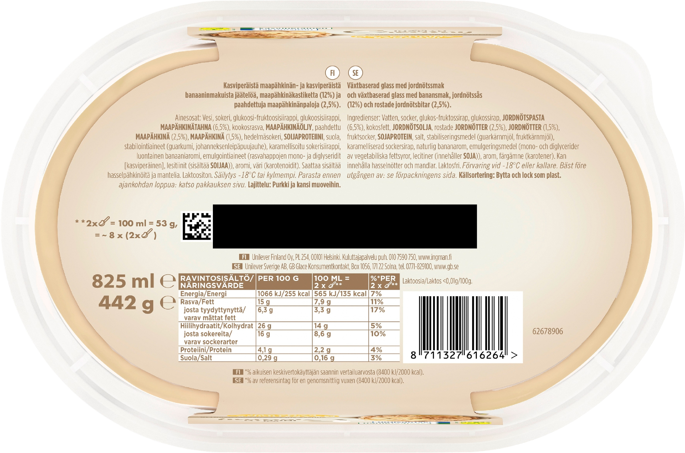 Ingman Maapähkinä-Banaani Jäätelö 825ml/442g