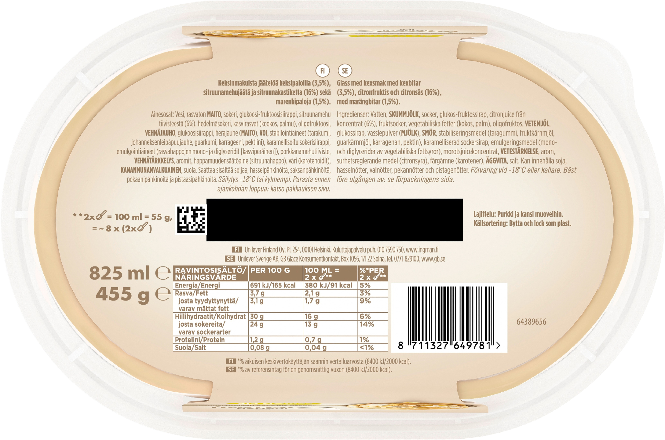 Ingman Creamy Lemon Pie Jäätelö 825ml/455g