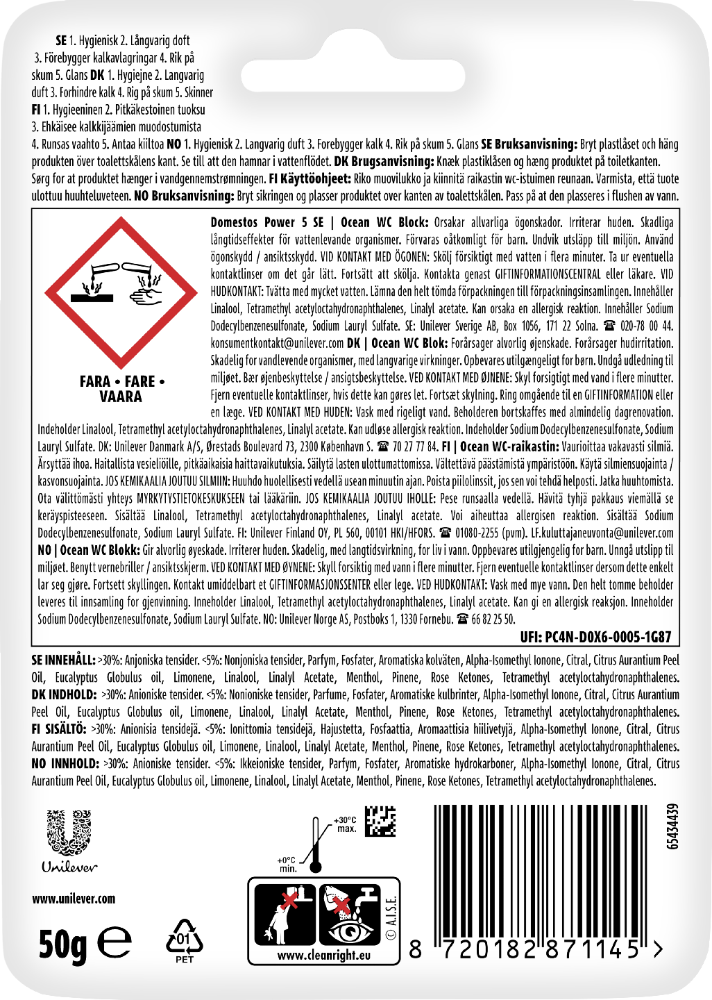 Domestos Power5 Ocean WC-raikastin 50g