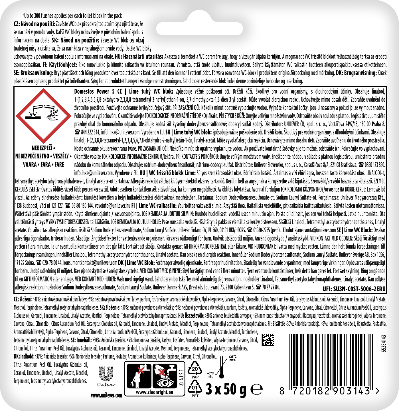 Domestos Power 5 Lime wc-raikastin 3x50g