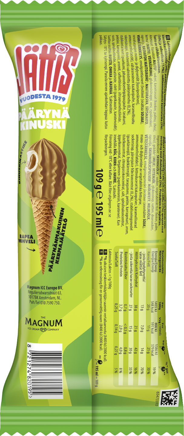 Jättis Päärynä-Kinuski Jäätelötuutti 195ml/109g