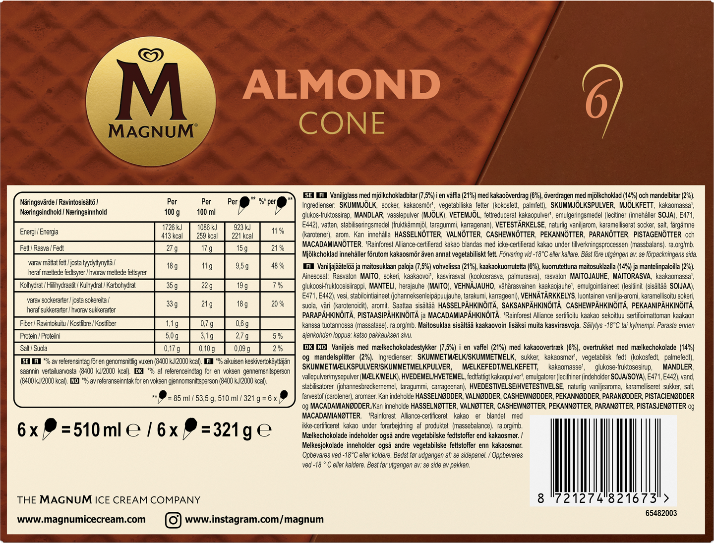Magnum  Mini Almond Jäätelötuutti Monipakkaus  510ml/321g 6kpl