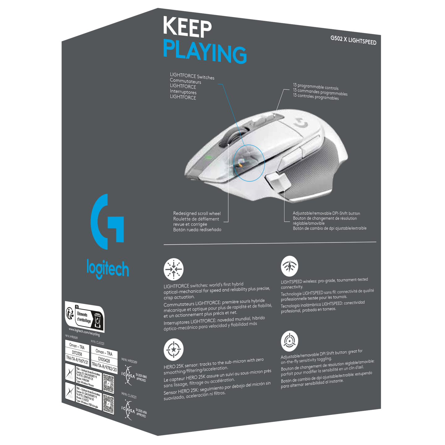 Logitech G502 X Lightspeed -langaton pelihiiri, valkoinen