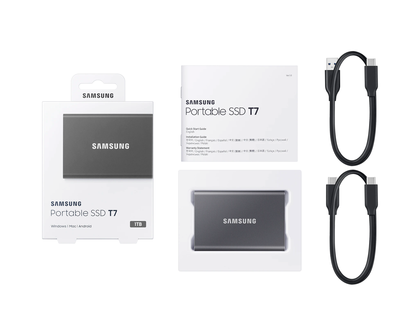 Samsung T7 1 Tt -SSD-levy, harmaa