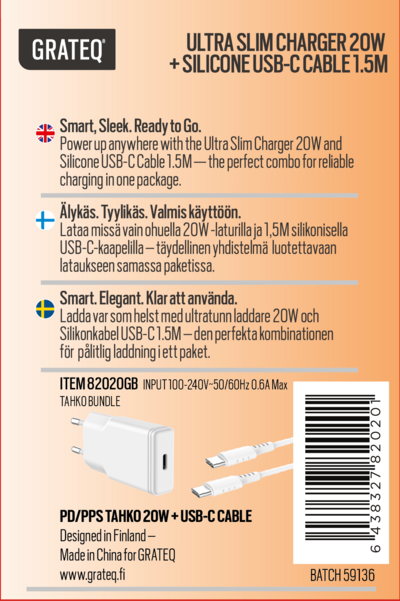 Grateq Tahko 20W USB-C-laturi + kaapeli 1,5 m
