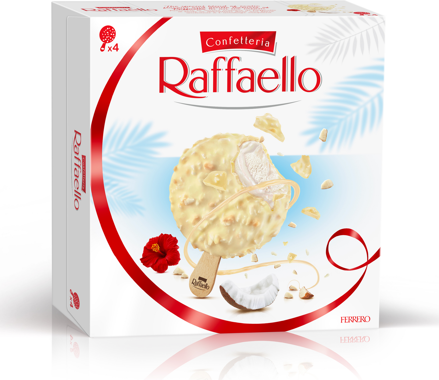 Raffaello jäätelö 4-pack 200g Kookoksen makuinen jäätelö (63,9%), rapealla kookoksen makuisella kuo