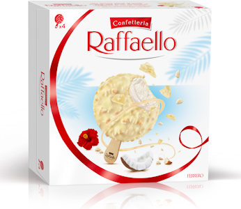 Raffaello jäätelö 4-pack 200g Kookoksen makuinen jäätelö (63,9%), rapealla kookoksen makuisella kuo