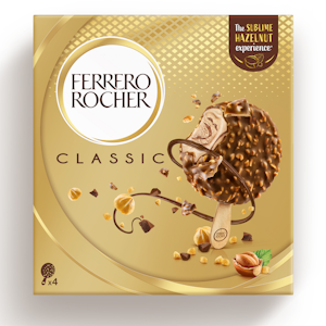 Ferrero Rocher Classic-jäätelö 4-pack 200g. Hasselpähkinän makuista jäätelöä (54,9%) hasselpähkinä-