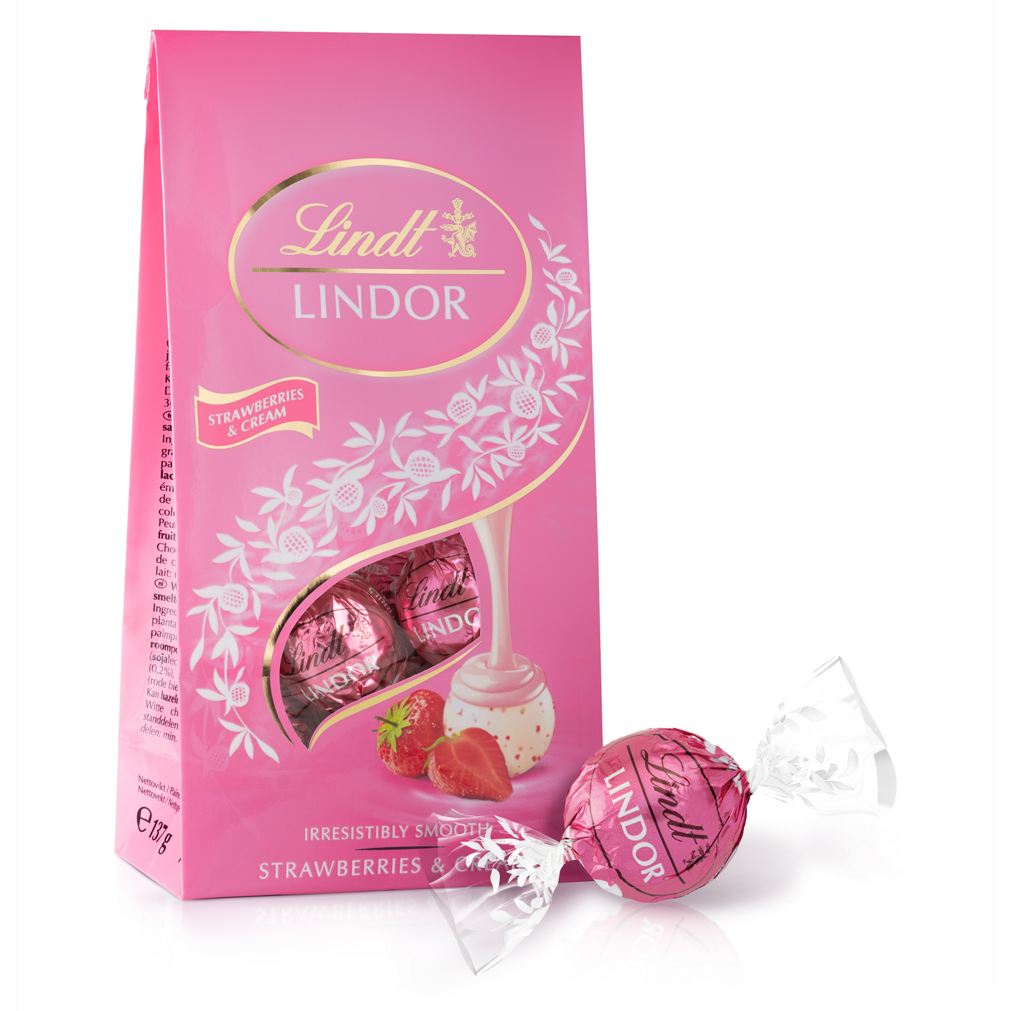 Lindt LINDOR Mansikka-valkosuklaakonvehti täytteellä pussi 137g