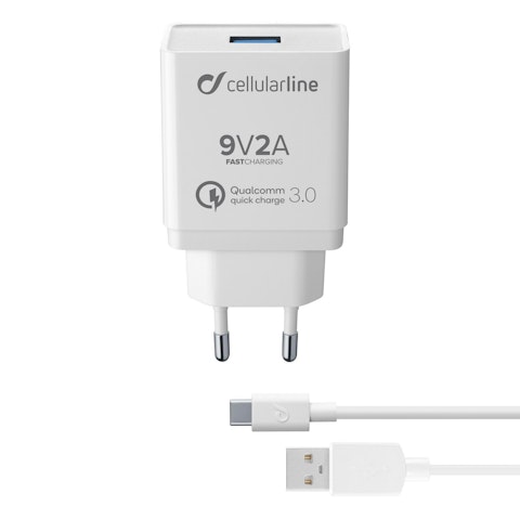 Cellularline QC seinälaturi+USB-C-kaapeli valkoinen