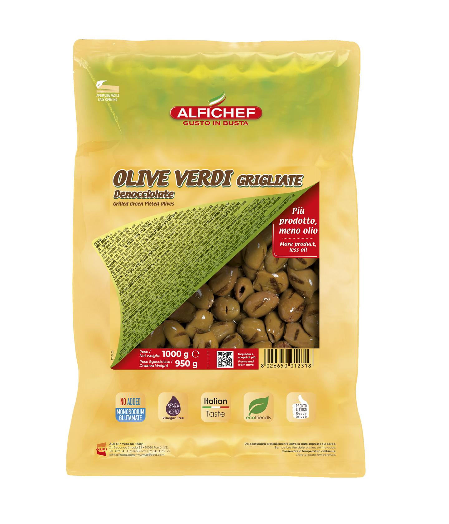 Alfichef Grillattu vihreä oliivi kivetön 1000g/950g säilykepussi