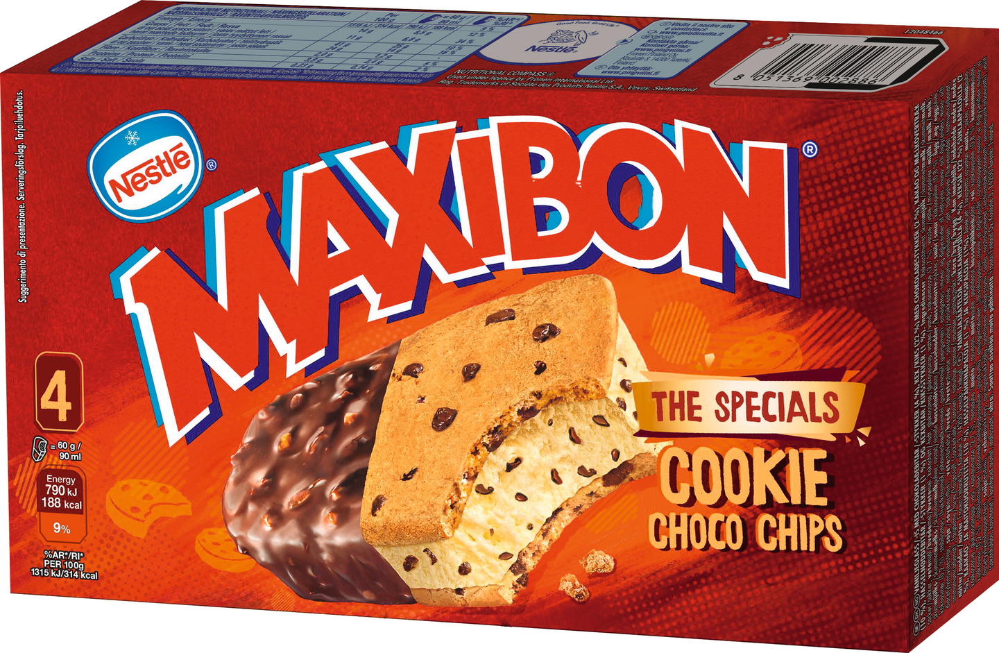 Maxibon Cookie Choco Chips välipalajäätelö monipakkaus 4x60g/90ml K