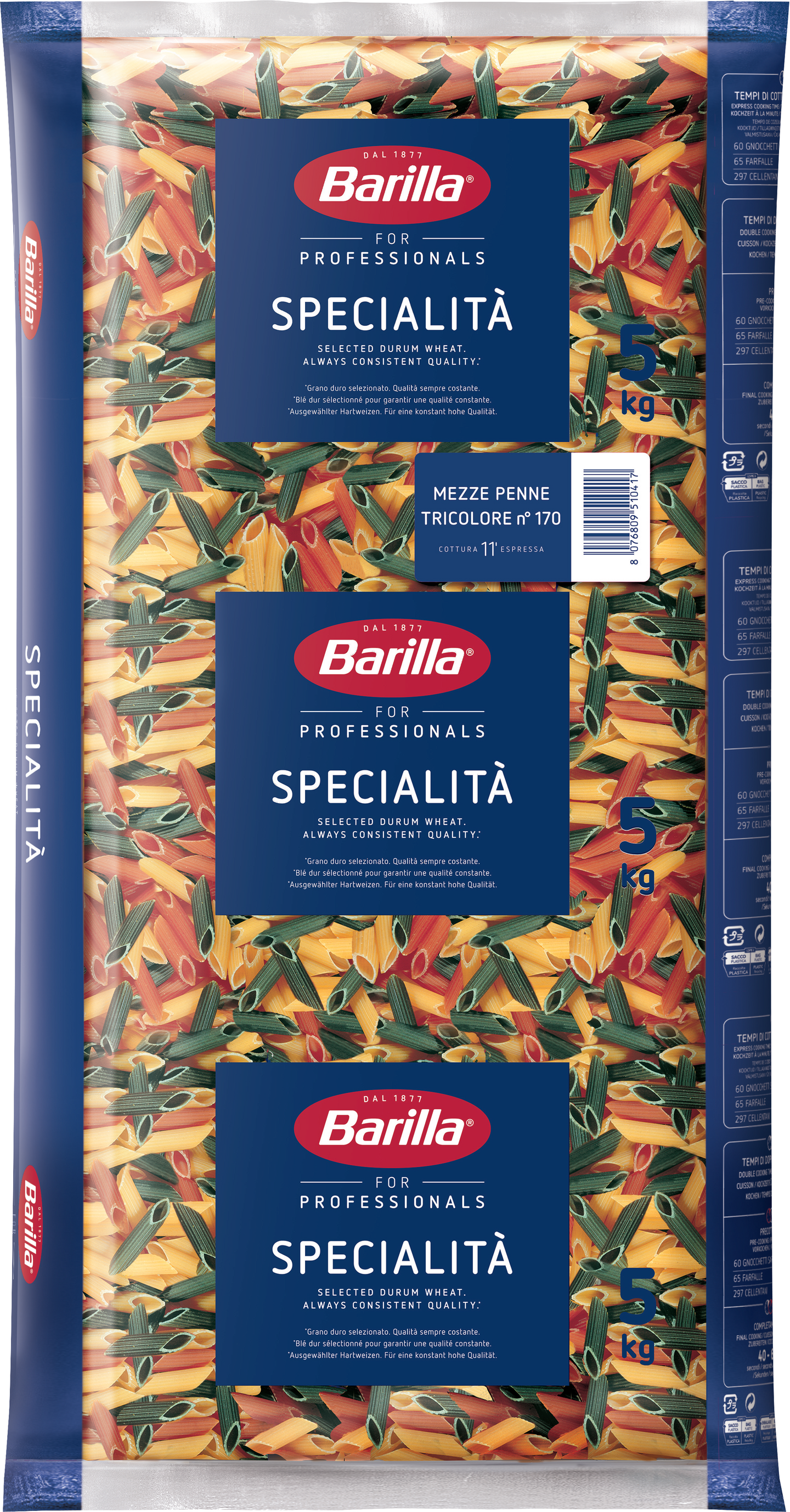 Barilla pasta penne mezze 5kg tricolore