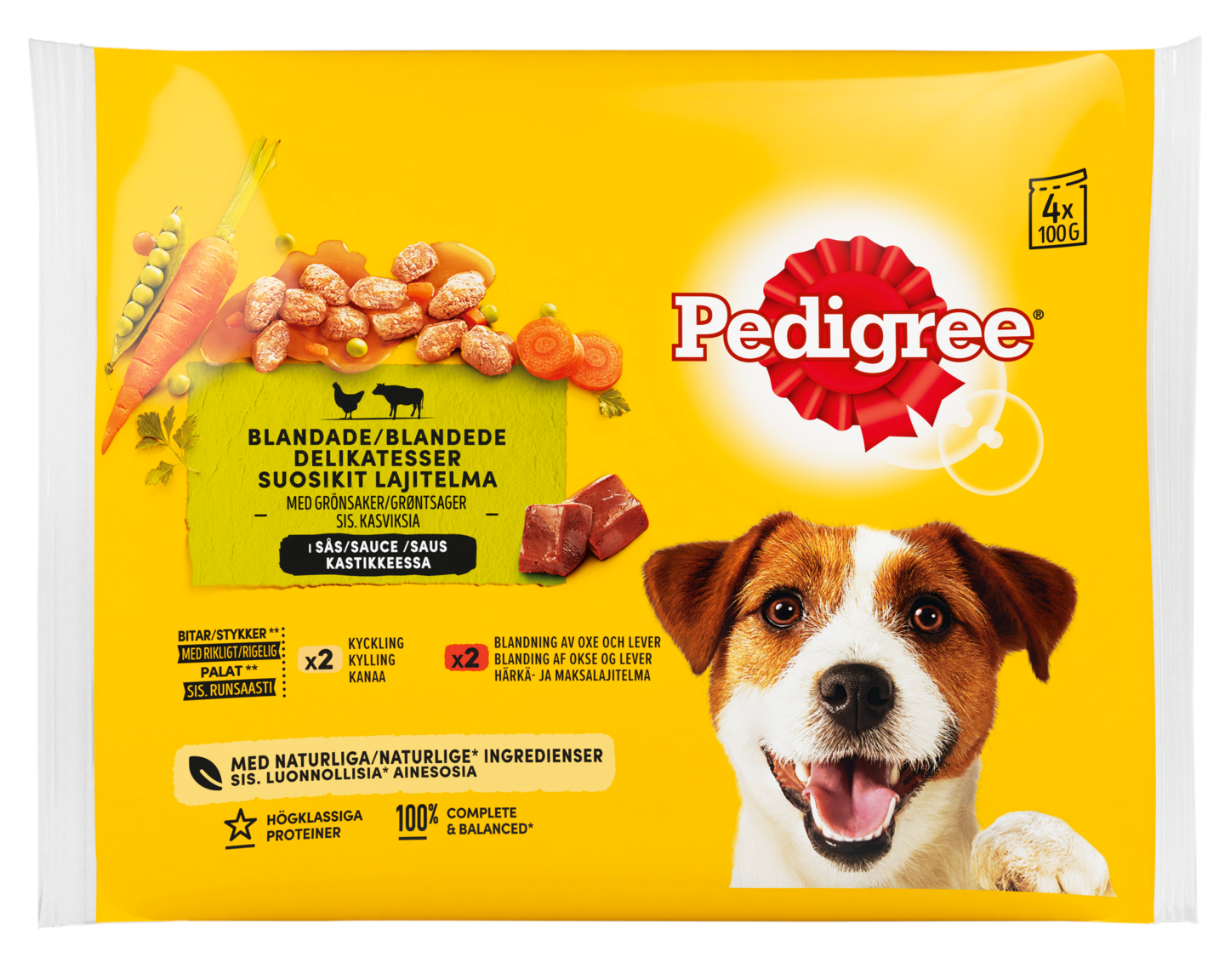 Pedigree 4x100g Adult kastikelajitelma härkä & lammas, kalkkuna