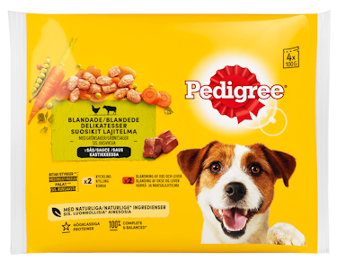 Pedigree 4x100g Adult kastikelajitelma härkä & lammas, kalkkuna