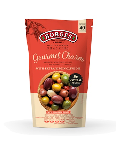 Borges Gourmet Charm kokonaisia vihreitä ja mustia Kalamata oliiveja kasviksilla 350g/160g