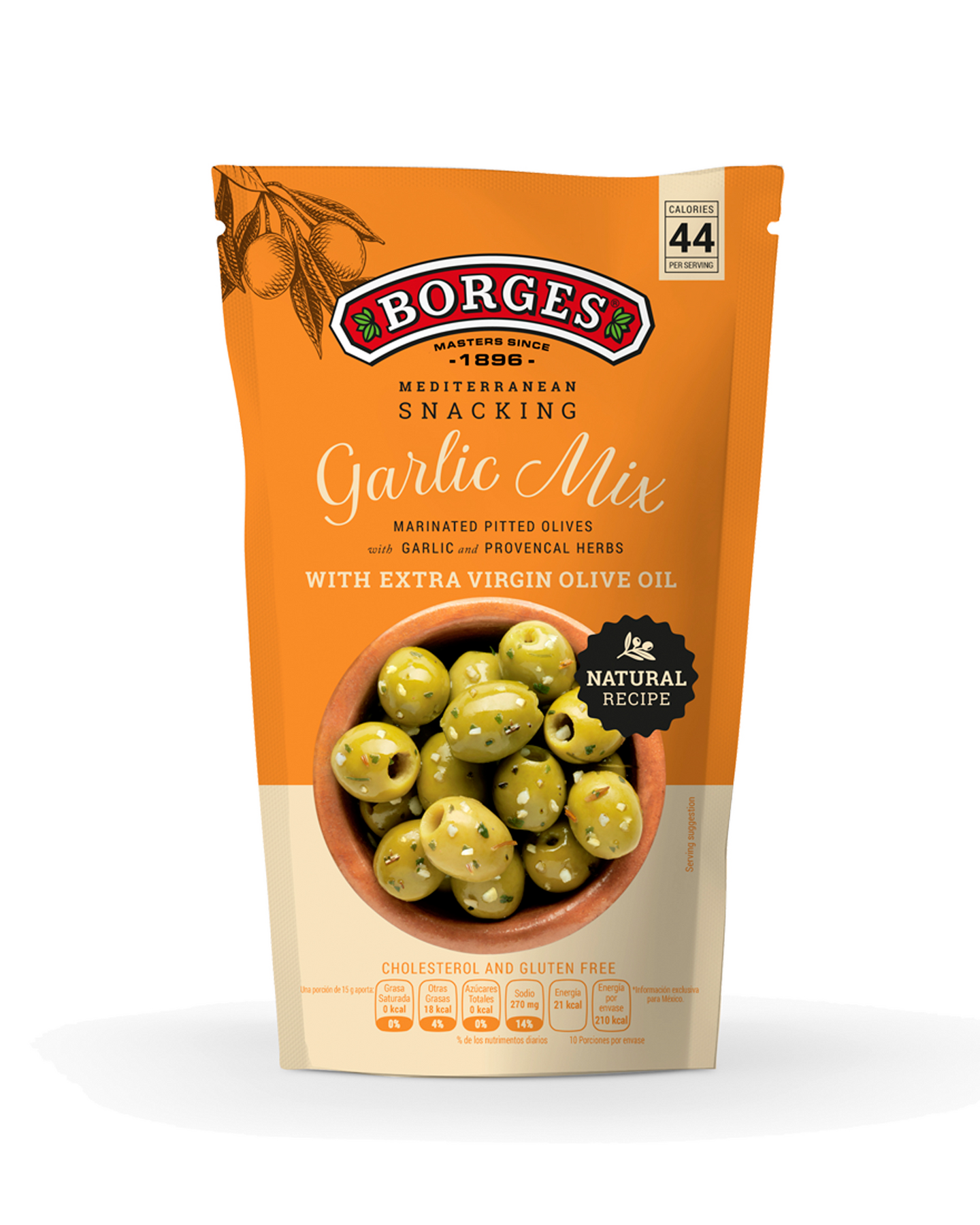 Borges Garlic Mix kivettömiä vihreitä oliiveja ja valkosipulia extra-neitsytoliiviöljyssä 350g/150g