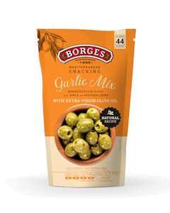 Borges Garlic Mix kivettömiä vihreitä oliiveja ja valkosipulia extra-neitsytoliiviöljyssä 350g/150g