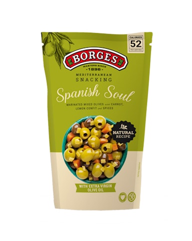 Borges Spanish Soul kivettömiä vihreitä, mustia kivellisiä oliiveja, porkkanaa ja sitruuna 350g/150g