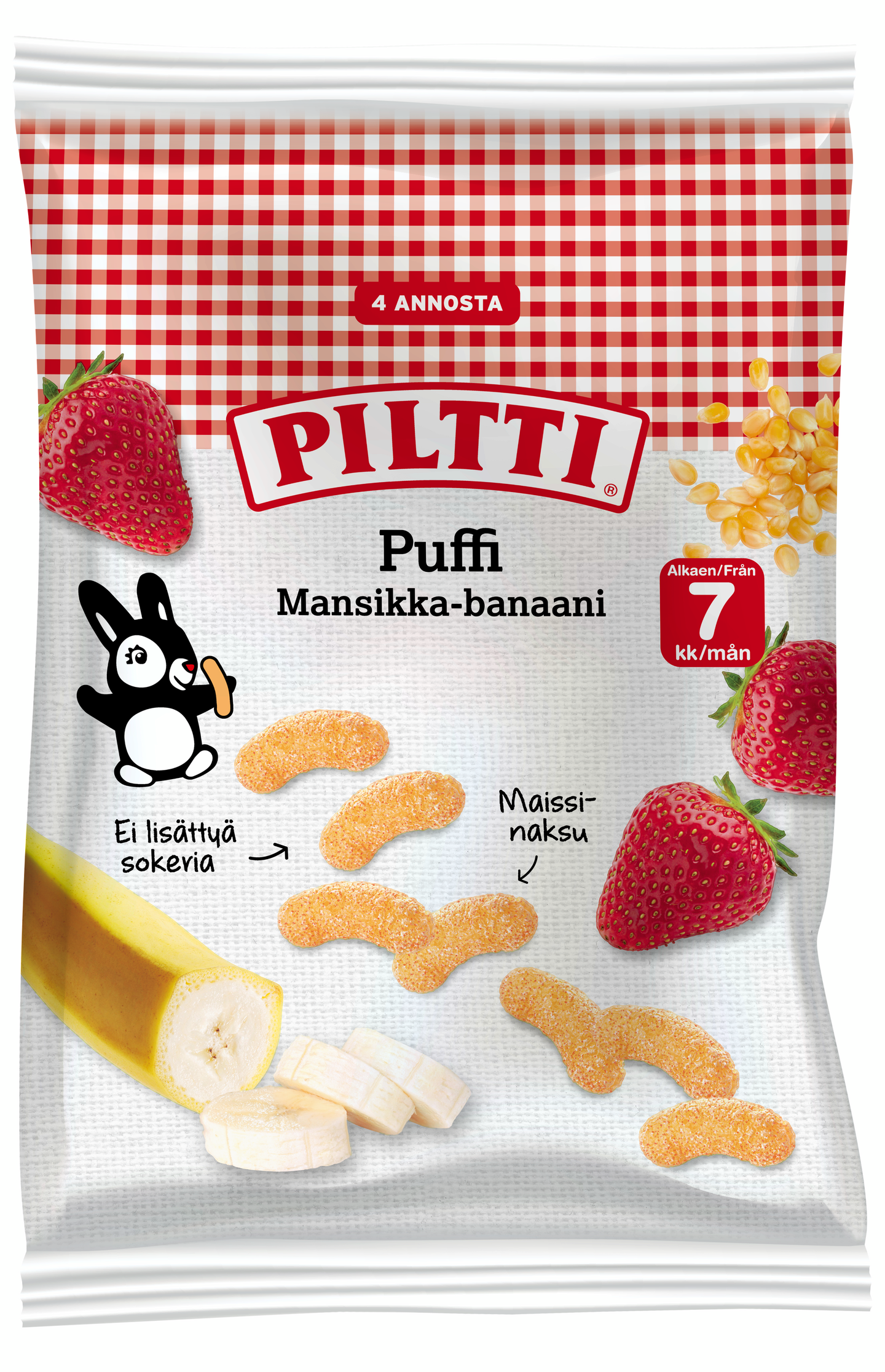 Piltti Puffi Mansikan ja Banaanin makuisia maissinaksuja 7kk 28g