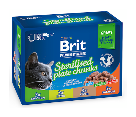Brit Premium by Nature Paloja kastikkeessa steriloiduille kissoille 12x100 g