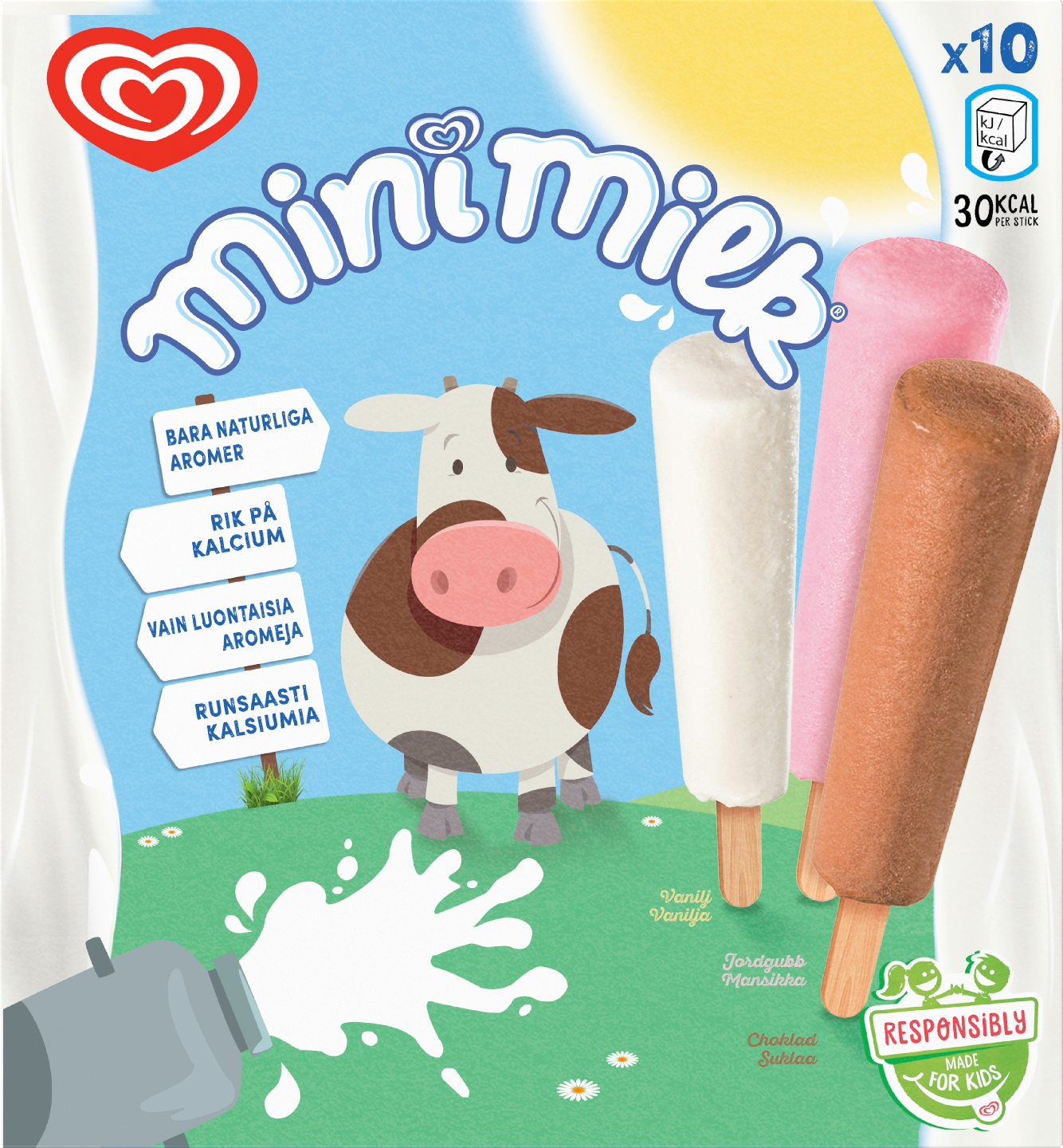 Mini Milk Jäätelö Monipakkaus 10kp 230ml suklaa,vanilja, mansikka puikkol
