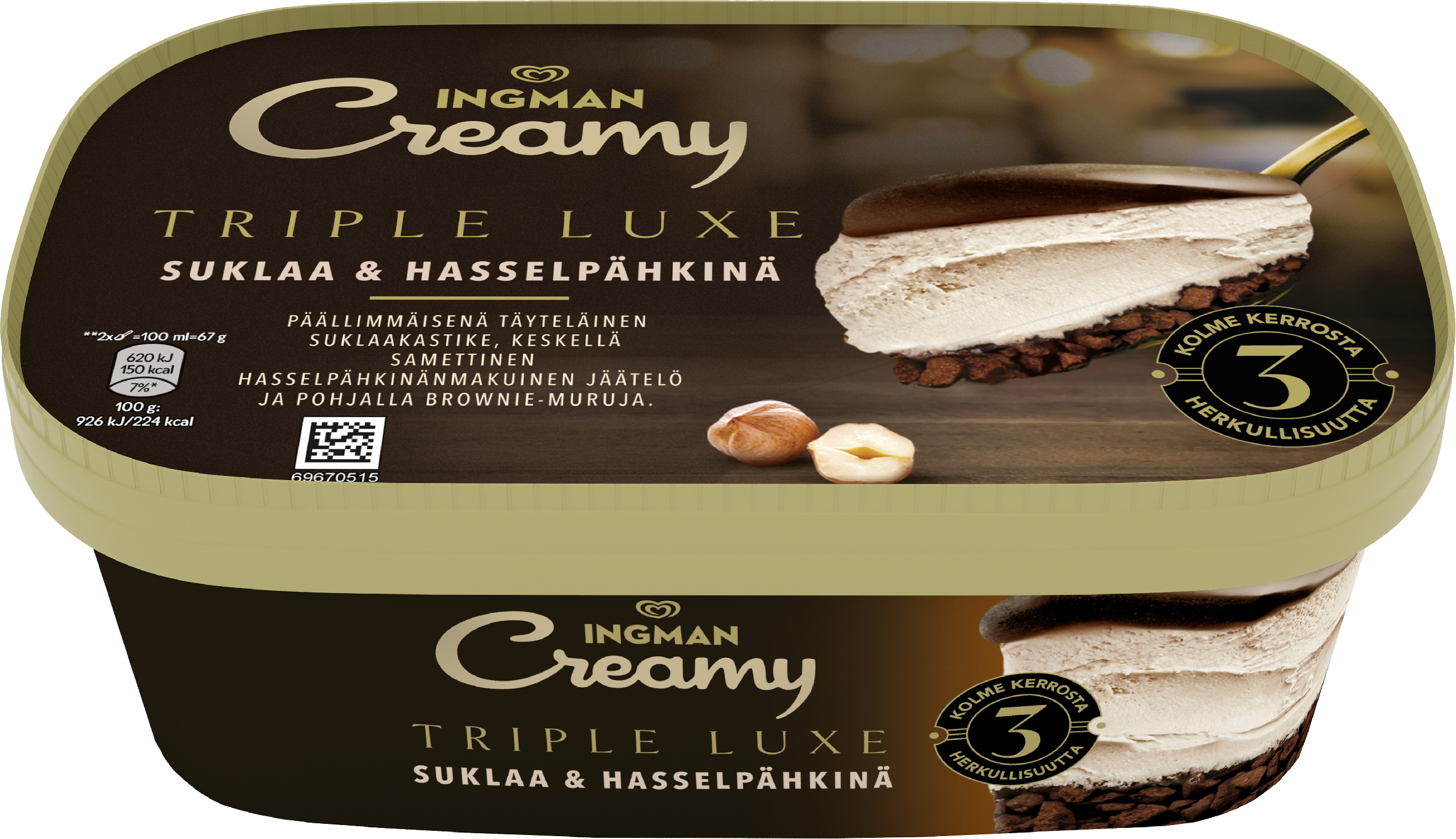 Ingman Creamy Triple Luxe Suklaa & hasselpähkinä Jäätelö 650ml/440g