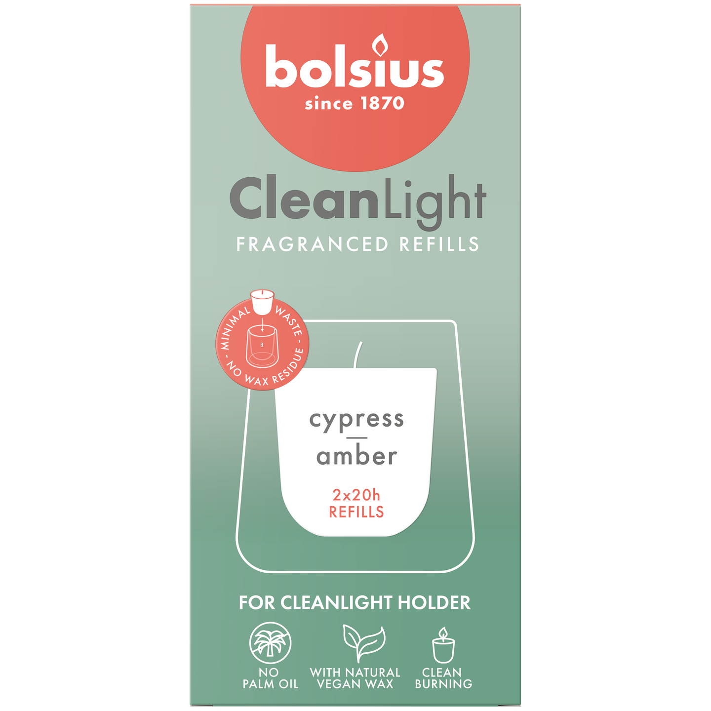 Bolsius - CleanLight-tuoksukynttilän täyttöpakkaus 2kpl - Cypress + Amber 20h