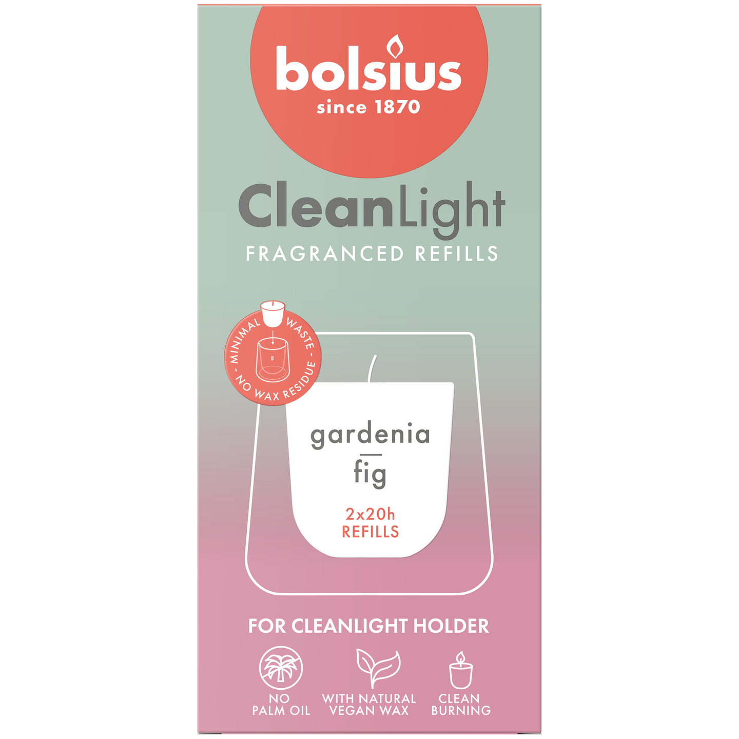 Bolsius – CleanLight-tuoksukynttilän täyttöpakkaus 2kpl – Gardenia + Fig 20h