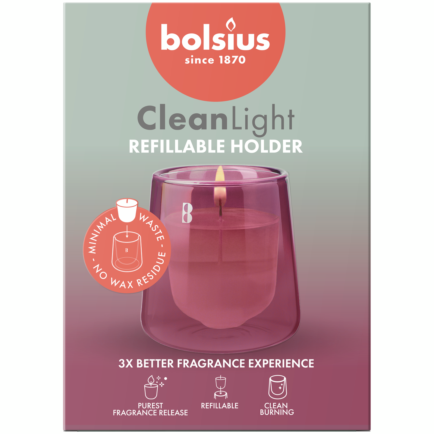 Bolsius – CleanLight-aloituspakkaus – pidike ja täyttöpak Cedarwood+Vetiver -syväpinkki